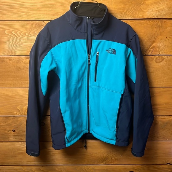 The North Face Mens Softshell Windbreaker Jacket Black Blue Logo Mock Neck M zip - Picture 1 of 10